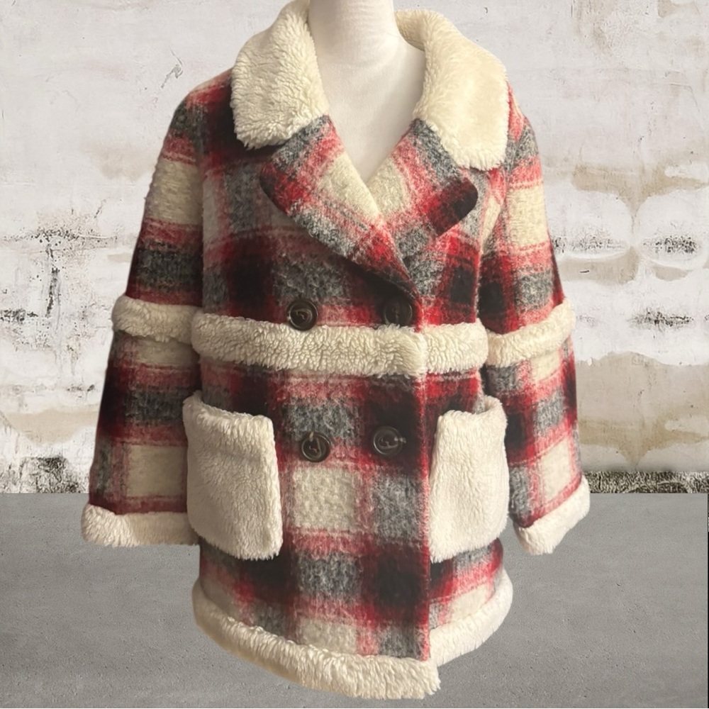 Dazzle Women's Cozy Plaid Teddy Jacket with Shearling Trim Size Medium